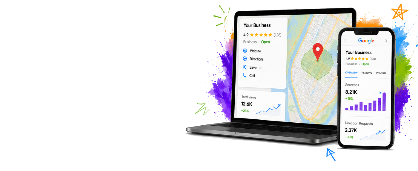 A digital mockup showing a laptop and smartphone displaying a business review app interface with a map and charts, set against a white background with colorful paint splashes.