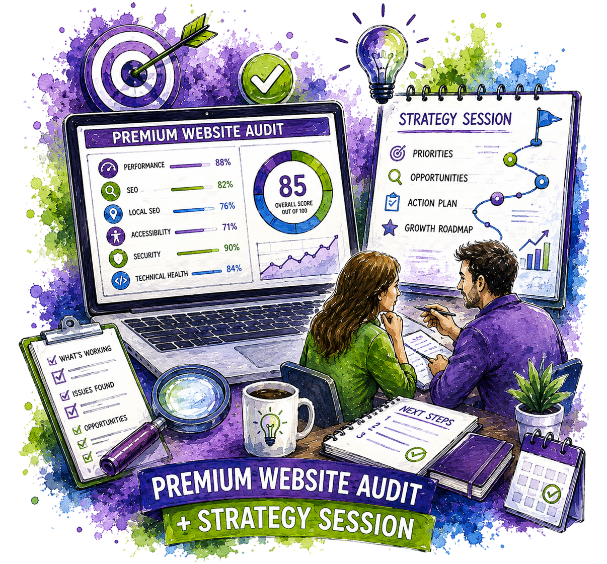A colorful digital illustration of a website audit and strategy session, featuring a laptop with analytics dashboards, a strategist woman and man collaborating at a desk, and various planning tools like checklists, a coffee mug, and sticky notes on a purple watercolor background.