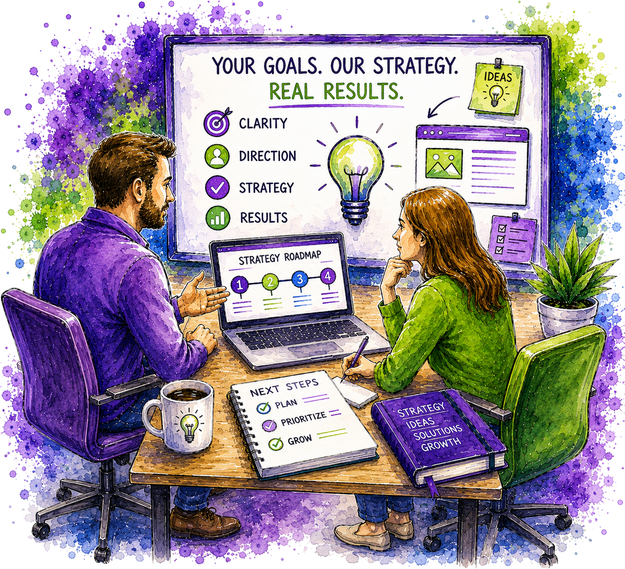 Watercolor-style illustration of a man and woman collaborating at a desk with laptops, notebooks, a coffee mug, and a large screen displaying business goals and a strategy roadmap.