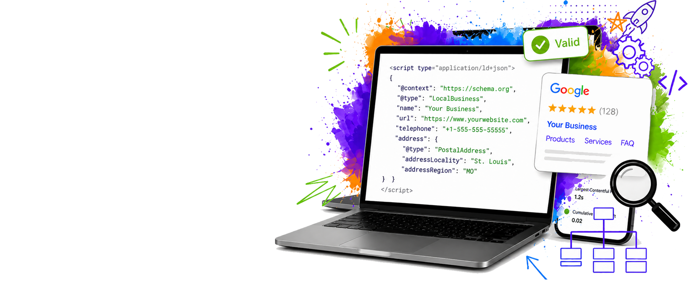 A laptop displaying website code on a white background, surrounded by colorful paint splatters and digital graphics, including a Google rating card, a magnifying glass, and a 'Valid' badge.
