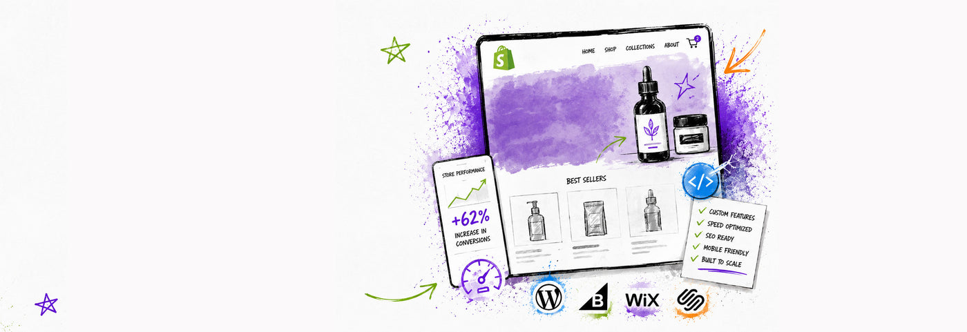 A digital mockup banner showcasing a website template for an online store, featuring a tablet with a purple watercolor design, a smartphone displaying product listings, and informational cards. The graphic includes WordPress, Wix, and Squarespace logos at the bottom and is decorated with purple paint splatters and star doodles on a white background.