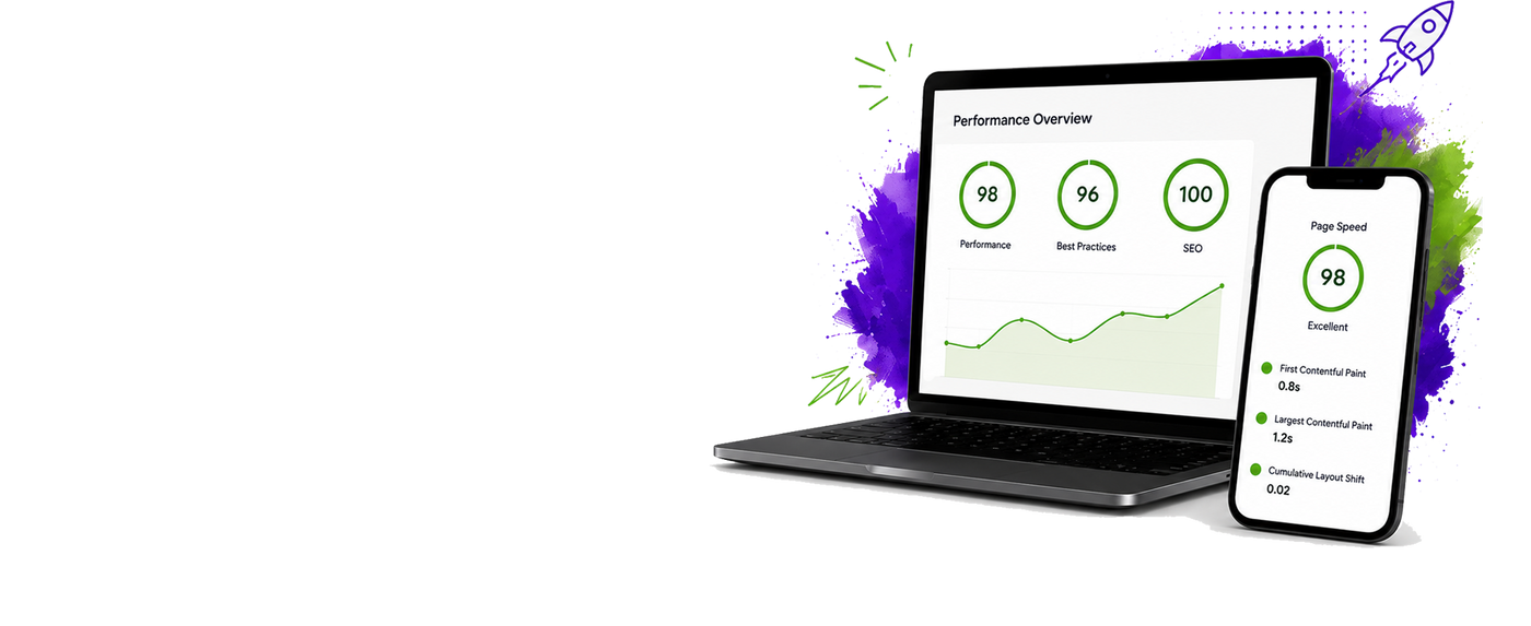 A laptop and smartphone displaying a performance dashboard app on a white background with purple and green paint splashes.