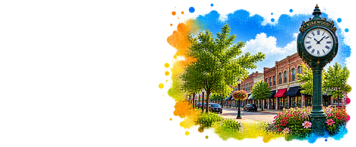 Illustration of historic downtown Kirkwood, Missouri, featuring a decorative street clock, brick storefronts, trees, and colorful watercolor accents.