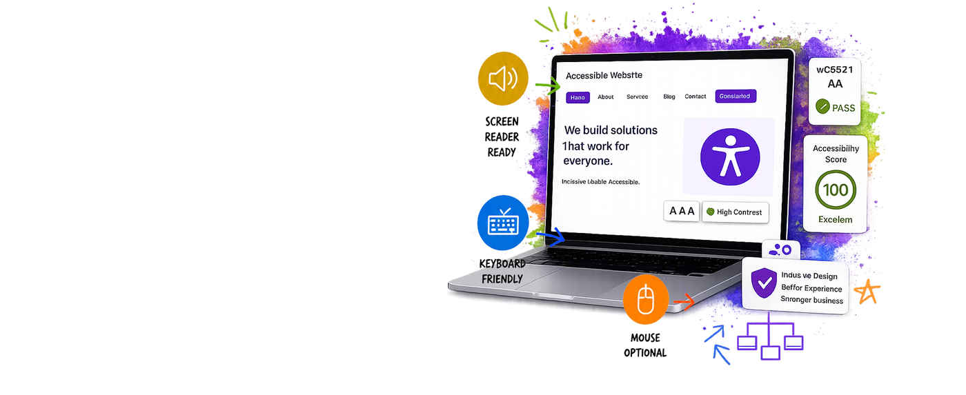 A laptop mockup on a white background with colorful graphic callouts around it, including text such as 'Screen Reader Ready,' 'Keyboard Friendly,' 'Accessible Website,' 'AA,' '100,' and 'Mobile Optional.' This appears to be a digital promotional graphic rather than a straightforward product photo, so subject_type is best classified as Other.