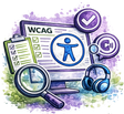 Watercolor-style illustration of WCAG accessibility testing icons, including a computer screen with a person icon, clipboard with checkmarks, magnifying glass, headphones, and purple check and pause symbols on a splattered purple and green background.