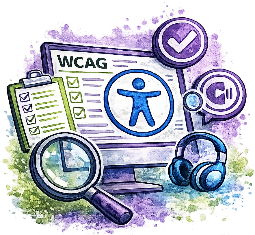 Watercolor-style illustration of WCAG accessibility testing icons, including a computer screen with a person icon, clipboard with checkmarks, magnifying glass, headphones, and purple check and pause symbols on a splattered purple and green background.