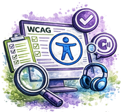 Watercolor-style illustration of WCAG accessibility testing icons, including a computer screen with a person icon, clipboard with checkmarks, magnifying glass, headphones, and purple check and pause symbols on a splattered purple and green background.