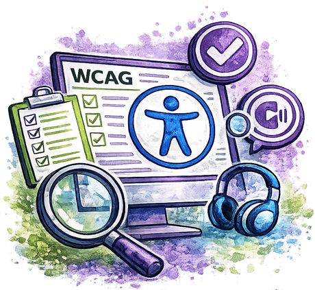 Watercolor-style illustration of WCAG accessibility testing icons, including a computer screen with a person icon, clipboard with checkmarks, magnifying glass, headphones, and purple check and pause symbols on a splattered purple and green background.