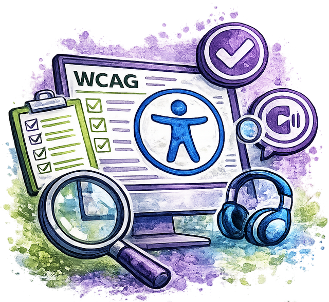Watercolor-style illustration of WCAG accessibility testing icons, including a computer screen with a person icon, clipboard with checkmarks, magnifying glass, headphones, and purple check and pause symbols on a splattered purple and green background.