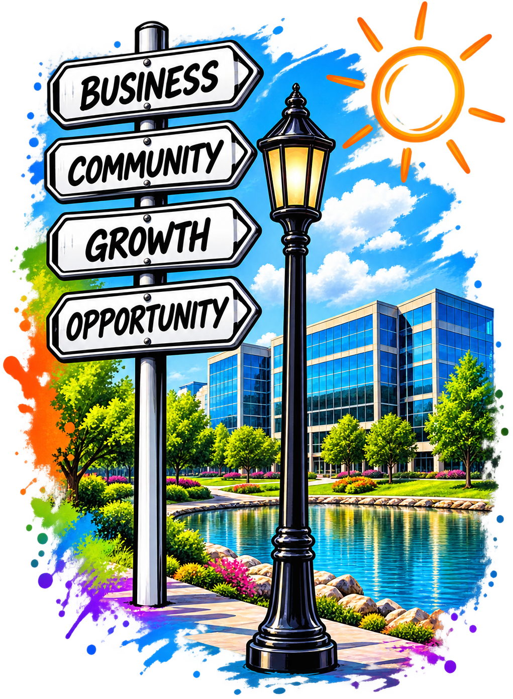 Illustrated Chesterfield business district with community and growth signpost