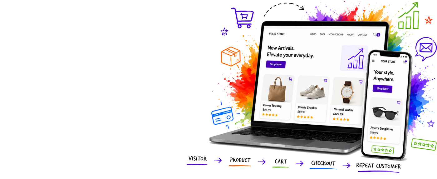 A digital graphic showing a laptop and smartphone mockup with an online store interface, surrounded by colorful shopping and payment icons on a white background.