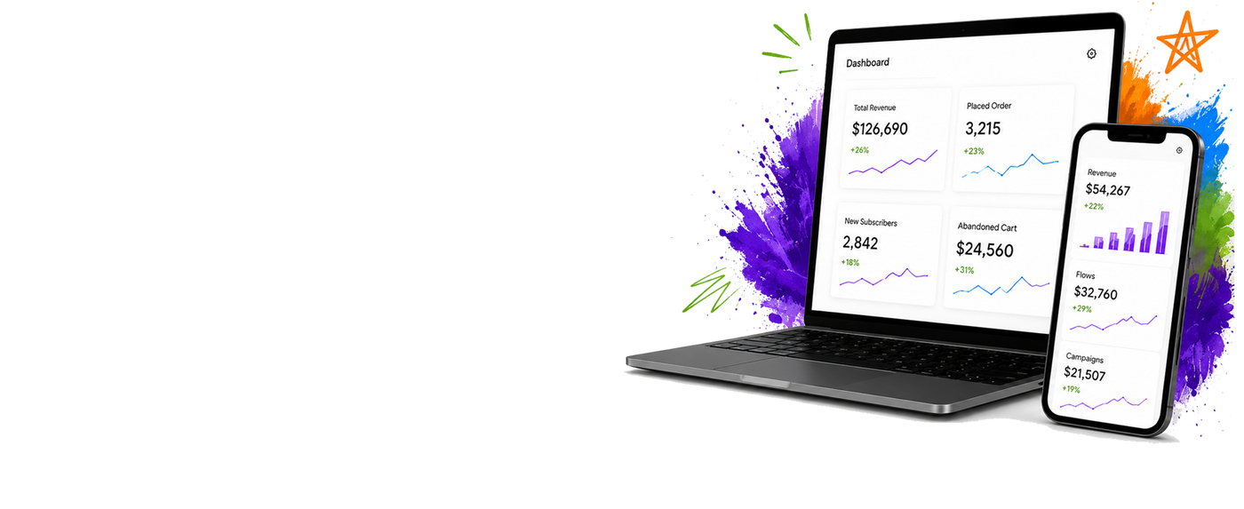 A digital mockup showing a dark gray laptop and smartphone displaying a financial dashboard interface, set against a white background with colorful paint splatters and a small star graphic.