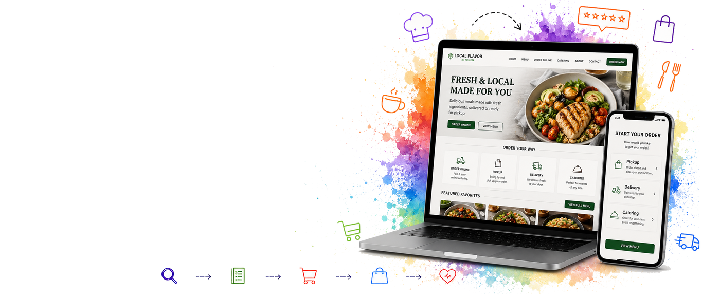 A laptop and smartphone displaying a food delivery website mockup, surrounded by colorful watercolor splashes and small food-related icons on a white background.