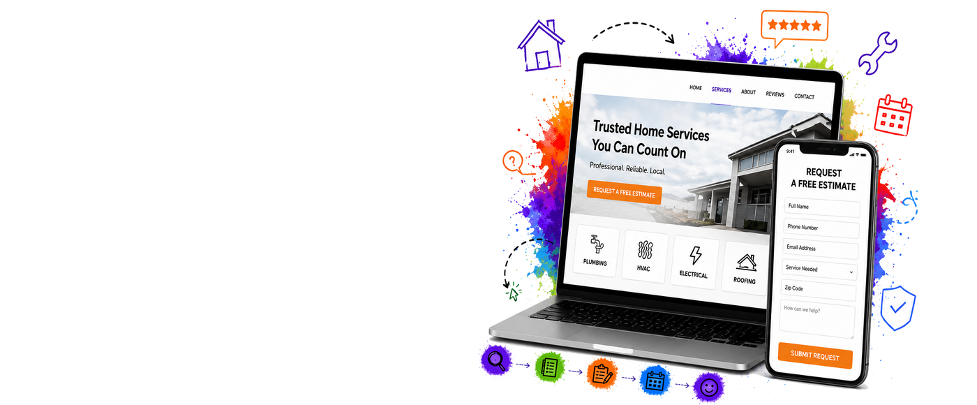 A digital website template mockup displayed on a laptop and smartphone screen, with colorful paint splatters and small icons around it on a white background.