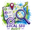 Watercolor-style illustration for a Local SEO Audit service, featuring a map, magnifying glass, target with arrow, location pin, growth arrow, and the text 'LOCAL SEO AUDIT' on a white background with blue and green paint splashes.