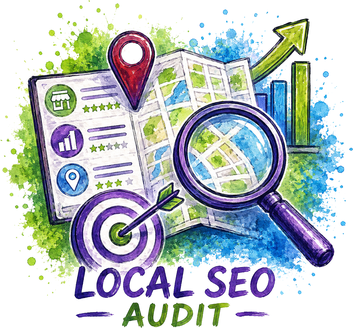 Watercolor-style illustration for a Local SEO Audit service, featuring a map, magnifying glass, target with arrow, location pin, growth arrow, and the text 'LOCAL SEO AUDIT' on a white background with blue and green paint splashes.