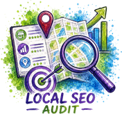 Watercolor-style illustration for a Local SEO Audit service, featuring a map, magnifying glass, target with arrow, location pin, growth arrow, and the text 'LOCAL SEO AUDIT' on a white background with blue and green paint splashes.
