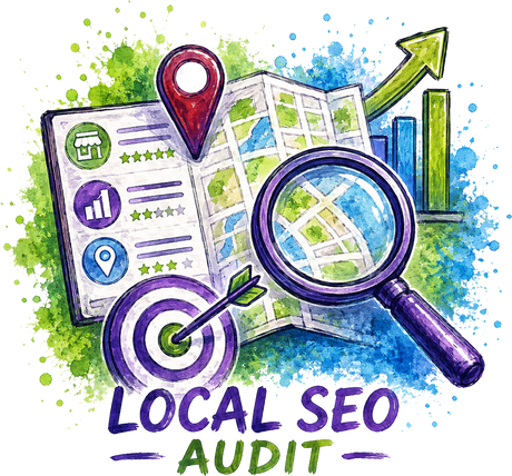 Watercolor-style illustration for a Local SEO Audit service, featuring a map, magnifying glass, target with arrow, location pin, growth arrow, and the text 'LOCAL SEO AUDIT' on a white background with blue and green paint splashes.