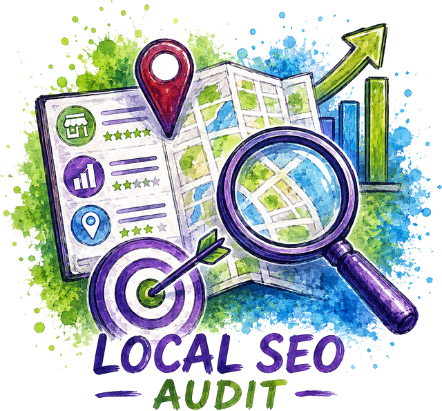 Watercolor-style illustration for a Local SEO Audit service, featuring a map, magnifying glass, target with arrow, location pin, growth arrow, and the text 'LOCAL SEO AUDIT' on a white background with blue and green paint splashes.