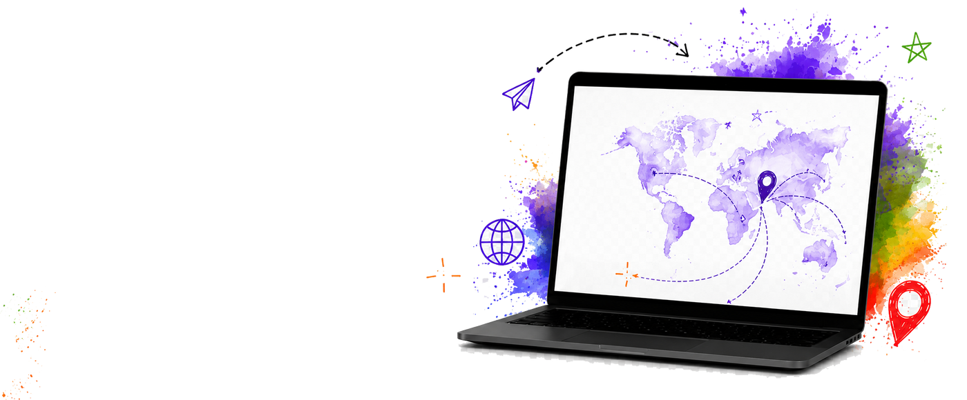 A black laptop on a white background displaying a purple watercolor world map with location pin graphics. Colorful paint splatters and small travel-themed icons surround the laptop.