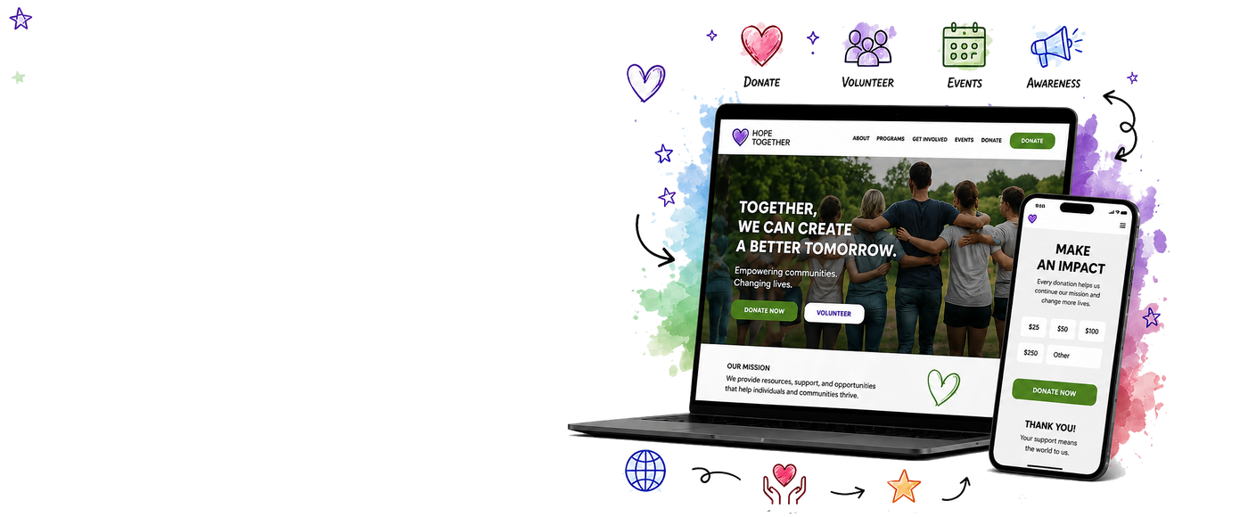 A digital mockup showing a website displayed on a laptop and a smartphone, with hand-drawn icons and arrows around them on a white background.