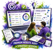 A colorful digital illustration of a website audit and strategy session, featuring a laptop with analytics dashboards, a strategist woman and man collaborating at a desk, and various planning tools like checklists, a coffee mug, and sticky notes on a purple watercolor background.