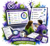 A colorful digital illustration of a website audit and strategy session, featuring a laptop with analytics dashboards, a strategist woman and man collaborating at a desk, and various planning tools like checklists, a coffee mug, and sticky notes on a purple watercolor background.