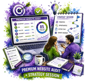 A colorful digital illustration of a website audit and strategy session, featuring a laptop with analytics dashboards, a strategist woman and man collaborating at a desk, and various planning tools like checklists, a coffee mug, and sticky notes on a purple watercolor background.
