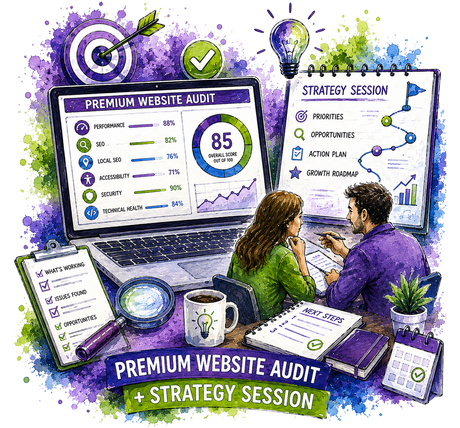 A colorful digital illustration of a website audit and strategy session, featuring a laptop with analytics dashboards, a strategist woman and man collaborating at a desk, and various planning tools like checklists, a coffee mug, and sticky notes on a purple watercolor background.