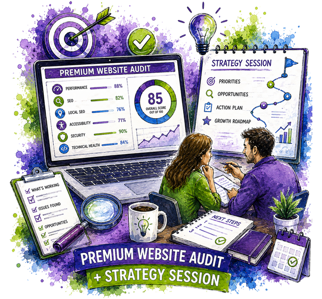 A colorful digital illustration of a website audit and strategy session, featuring a laptop with analytics dashboards, a strategist woman and man collaborating at a desk, and various planning tools like checklists, a coffee mug, and sticky notes on a purple watercolor background.