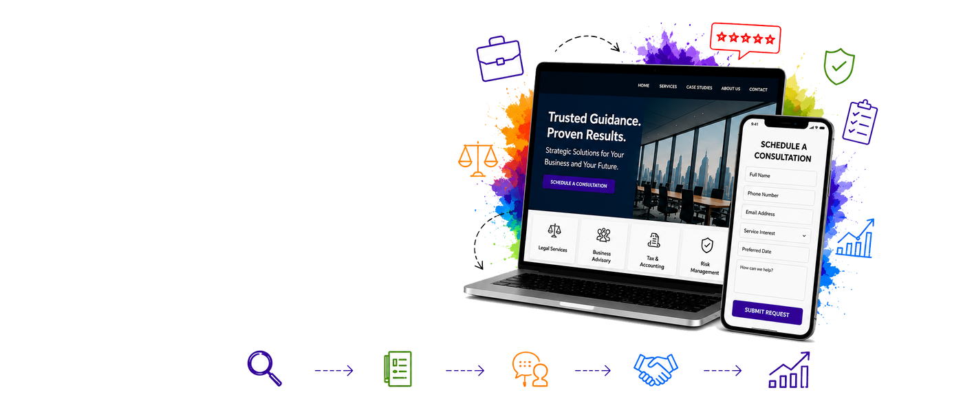 A digital mockup showing a laptop and smartphone displaying website screens, surrounded by colorful business icons on a white background.