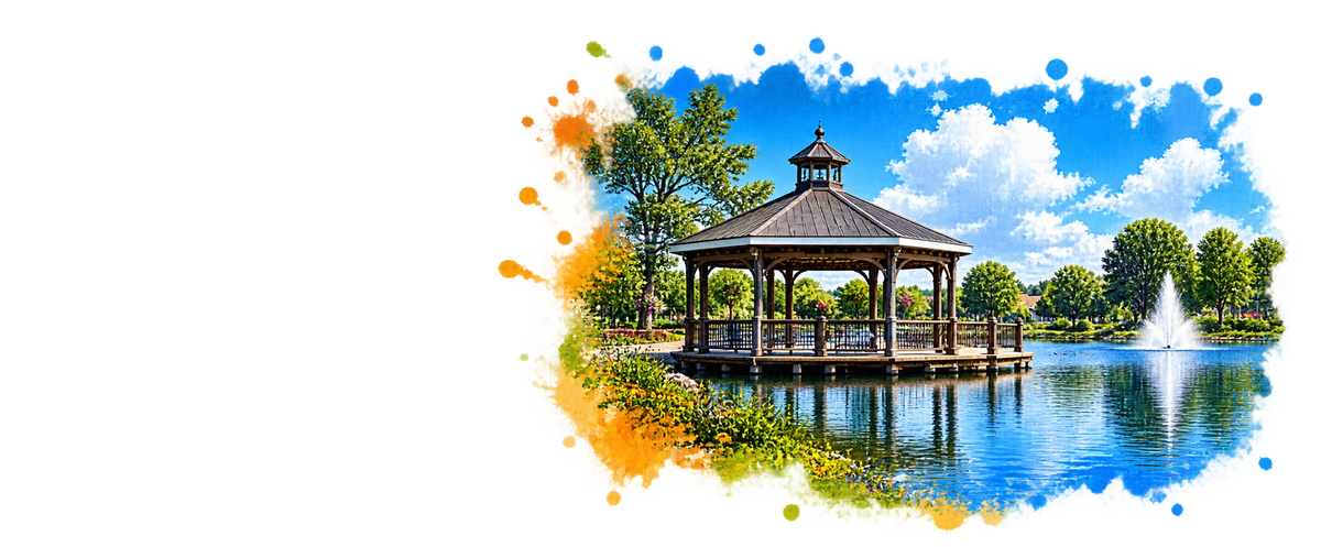 Watercolor-style landscape artwork showing the lakeside pavilion, trees, and blue sky, at St Peters Mo city hall.
