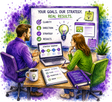 Watercolor-style illustration of a man and woman collaborating at a desk with laptops, notebooks, a coffee mug, and a large screen displaying business goals and a strategy roadmap.