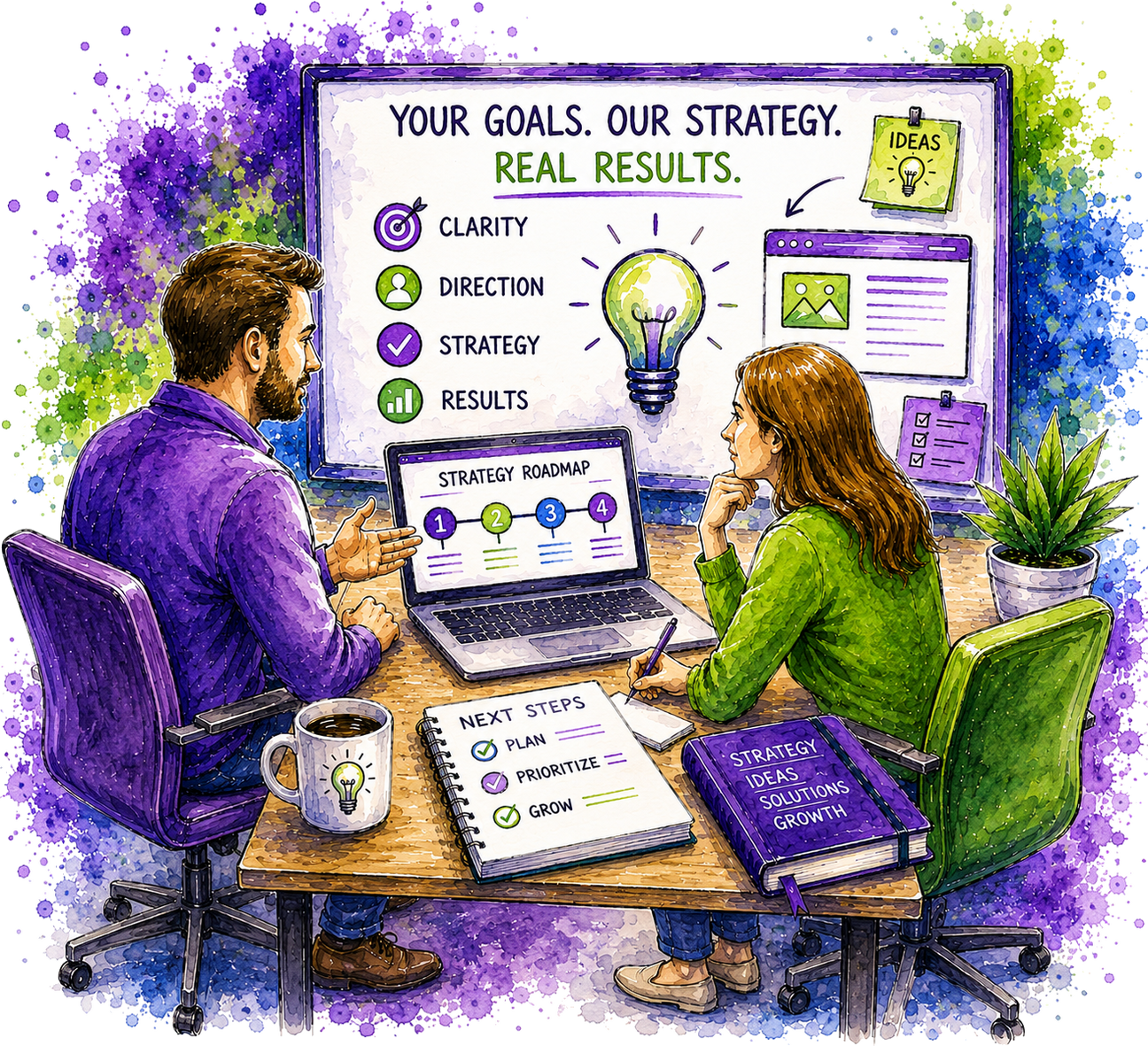 Watercolor-style illustration of a man and woman collaborating at a desk with laptops, notebooks, a coffee mug, and a large screen displaying business goals and a strategy roadmap.