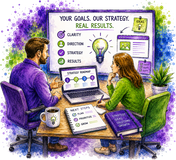 Watercolor-style illustration of a man and woman collaborating at a desk with laptops, notebooks, a coffee mug, and a large screen displaying business goals and a strategy roadmap.