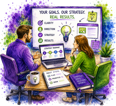 Watercolor-style illustration of a man and woman collaborating at a desk with laptops, notebooks, a coffee mug, and a large screen displaying business goals and a strategy roadmap.