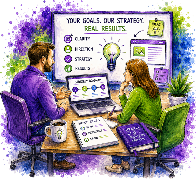 Watercolor-style illustration of a man and woman collaborating at a desk with laptops, notebooks, a coffee mug, and a large screen displaying business goals and a strategy roadmap.