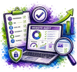 Watercolor-style digital illustration of a website audit and SEO checklist, featuring a laptop with performance and UX dashboards, a clipboard with SEO and technical checklist items, a green upward arrow, a checkmark badge, a shield icon, and a magnifying glass over a colorful purple, blue, and green paint-splatter background.