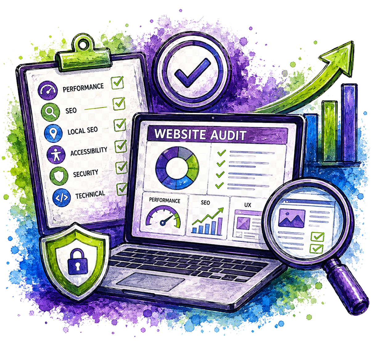 Watercolor-style digital illustration of a website audit and SEO checklist, featuring a laptop with performance and UX dashboards, a clipboard with SEO and technical checklist items, a green upward arrow, a checkmark badge, a shield icon, and a magnifying glass over a colorful purple, blue, and green paint-splatter background.