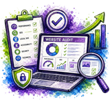 Watercolor-style digital illustration of a website audit and SEO checklist, featuring a laptop with performance and UX dashboards, a clipboard with SEO and technical checklist items, a green upward arrow, a checkmark badge, a shield icon, and a magnifying glass over a colorful purple, blue, and green paint-splatter background.