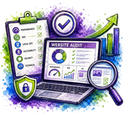 Watercolor-style digital illustration of a website audit and SEO checklist, featuring a laptop with performance and UX dashboards, a clipboard with SEO and technical checklist items, a green upward arrow, a checkmark badge, a shield icon, and a magnifying glass over a colorful purple, blue, and green paint-splatter background.