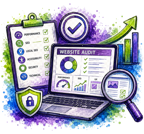 Watercolor-style digital illustration of a website audit and SEO checklist, featuring a laptop with performance and UX dashboards, a clipboard with SEO and technical checklist items, a green upward arrow, a checkmark badge, a shield icon, and a magnifying glass over a colorful purple, blue, and green paint-splatter background.
