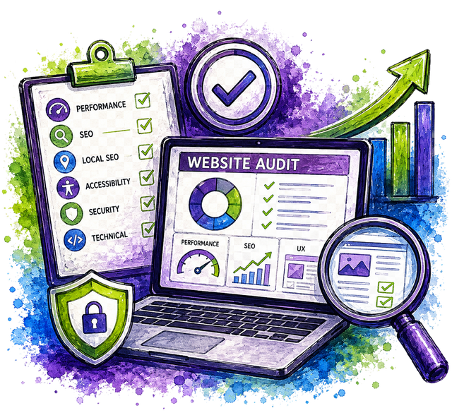Watercolor-style digital illustration of a website audit and SEO checklist, featuring a laptop with performance and UX dashboards, a clipboard with SEO and technical checklist items, a green upward arrow, a checkmark badge, a shield icon, and a magnifying glass over a colorful purple, blue, and green paint-splatter background.